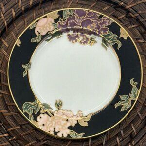 4 Vintage Fitz & Floyd Cloisonne Peony Black 6-1/2" Bread Plates Japan Retired